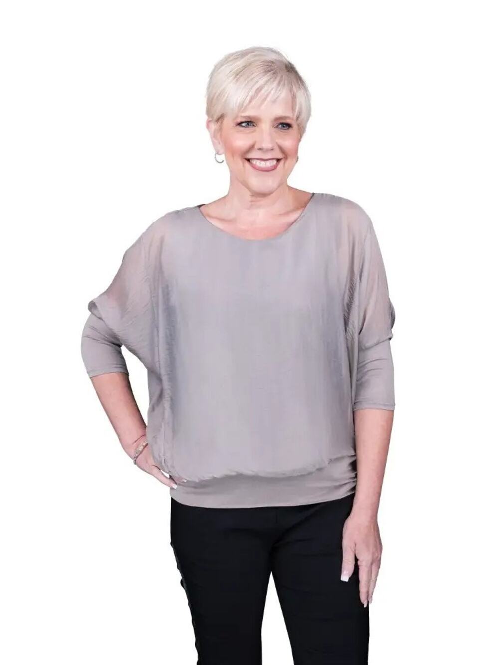 NWT Tina Stephens Rosa Lined Banded Bottom Silk Top Made Italy One Size TAUPE